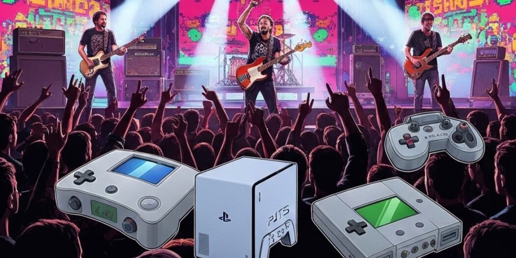 Pra Cego Ver: Uma ilustração que mostra uma banda tocando no palco e abaixo tem o público e a demonstração de alguns consoles de videogame.