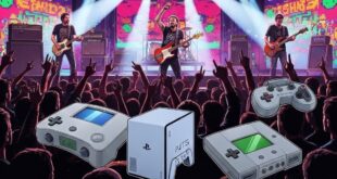 Pra Cego Ver: Uma ilustração que mostra uma banda tocando no palco e abaixo tem o público e a demonstração de alguns consoles de videogame.