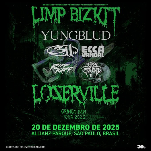 Pra Cego Ver: Imagem é uma ilustração de cartaz anunciando o show com os nomes das bandas participantes do evento. Imagem também te a informação sobre a data, o horário e local do show.